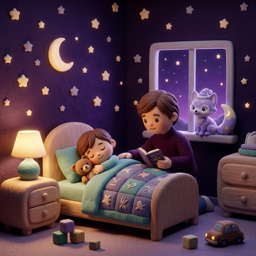 Escena estilo plastilina de un niño pequeño durmiendo tranquilo, abrazado a un peluche suave, en una habitación acogedora con el zorro lavanda Loo vigilando de cerca