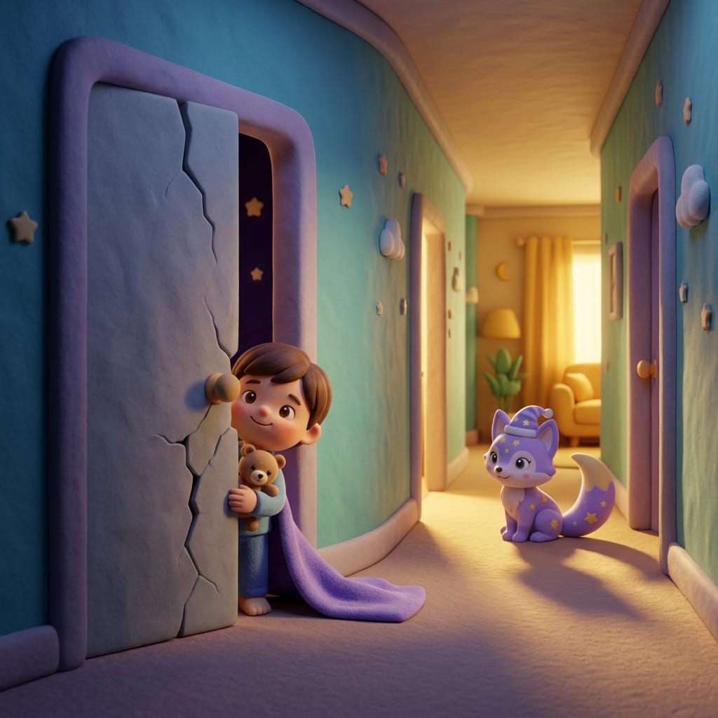 Escena estilo plastilina de un padre y un niño pequeño compartiendo un abrazo tranquilo de buenas noches junto a una lámpara de noche, con estrellas brillando afuera de la ventana