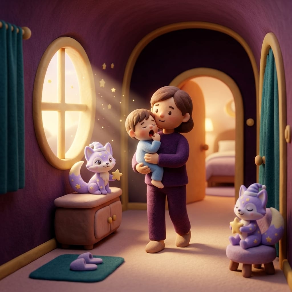 Escena estilo plastilina de un padre observando a su hijo dormir tranquilo en una habitación acogedora con luz dorada de lámpara y una luna creciente en la ventana