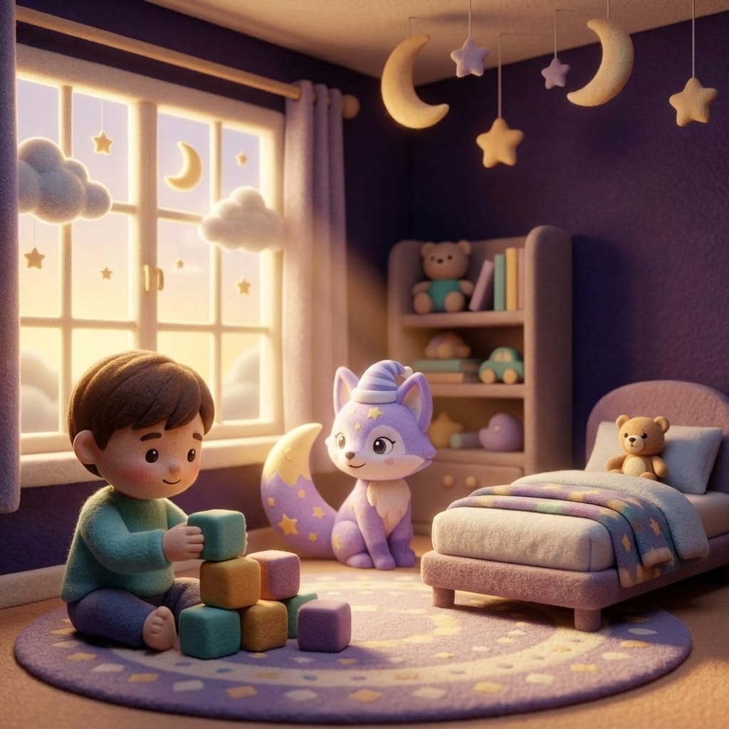 Niño pequeño y el zorro lavanda Loo descansando juntos sobre una manta suave en un dormitorio cálido estilo plastilina durante una siesta tranquila de mediodía