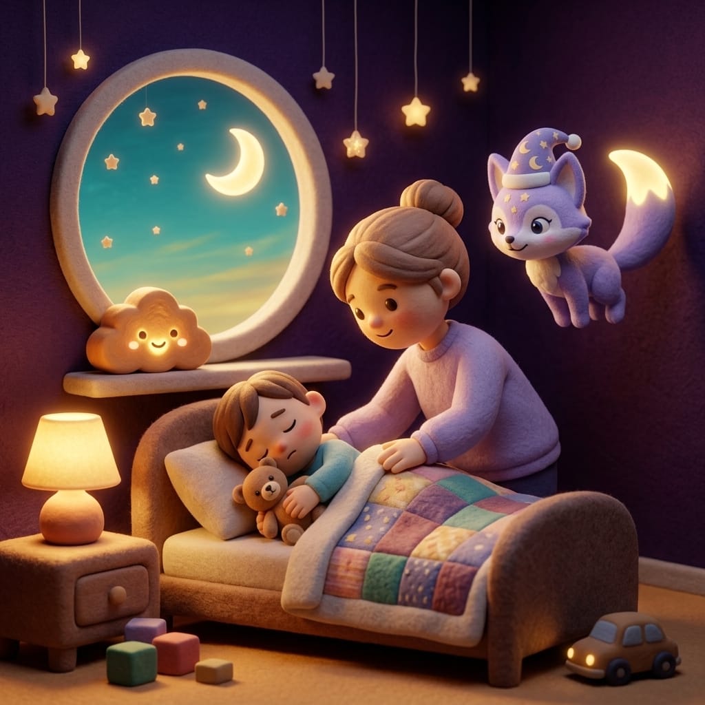 Escena estilo plastilina de un padre arropando a su hijo para una hora de dormir más temprana, en un dormitorio morado acogedor con luz suave de lámpara y estrellas en la ventana