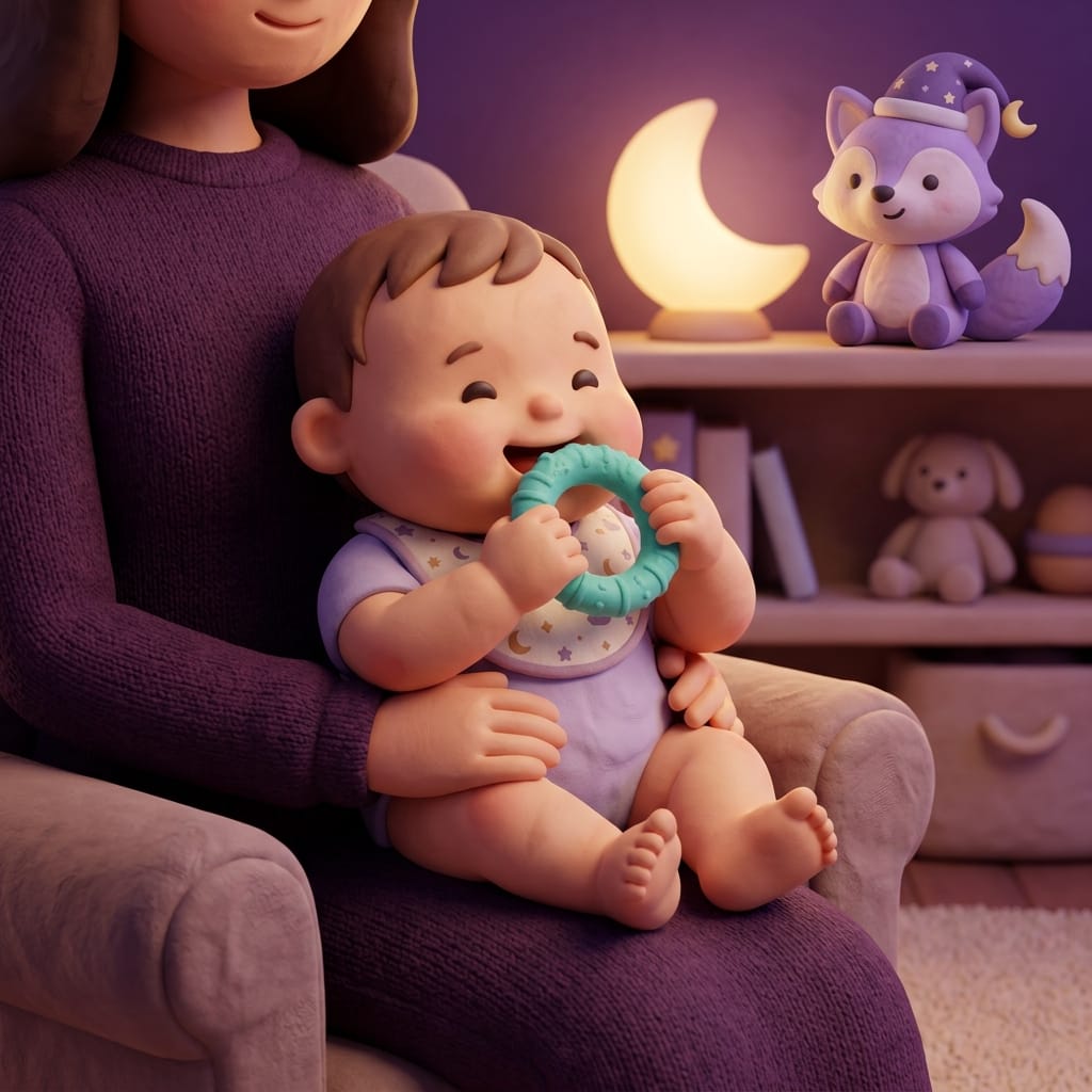 A fussy baby dealing with teething and sleep struggles rubs their gums while a tired parent comforts them in a soft clay-style purple nursery at night.