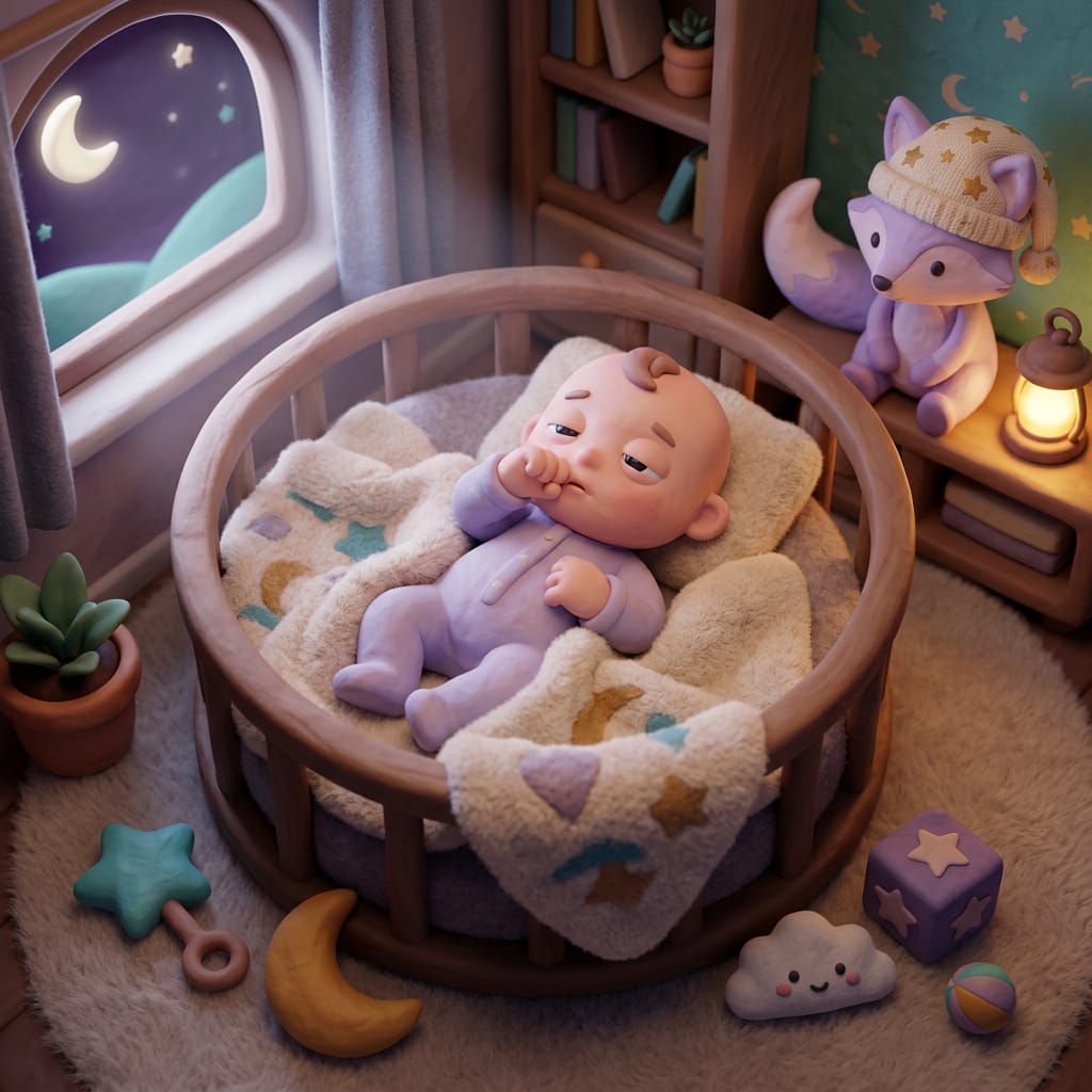 A parent gently checks their baby's gums by lamplight while the baby chews on a cool teething ring in a cozy dark bedroom.