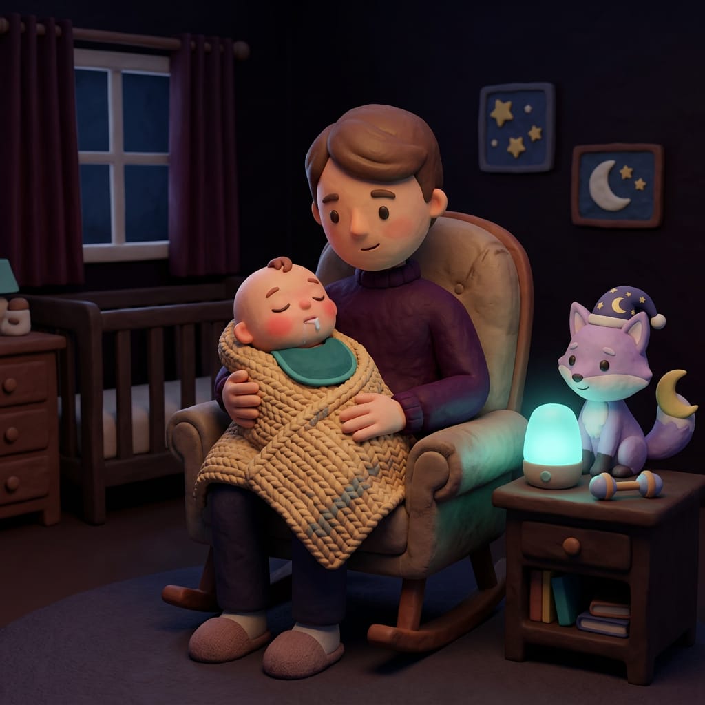 A toddler falls asleep peacefully clutching a soft toy, moonlight glowing through the window of a calm purple bedroom.