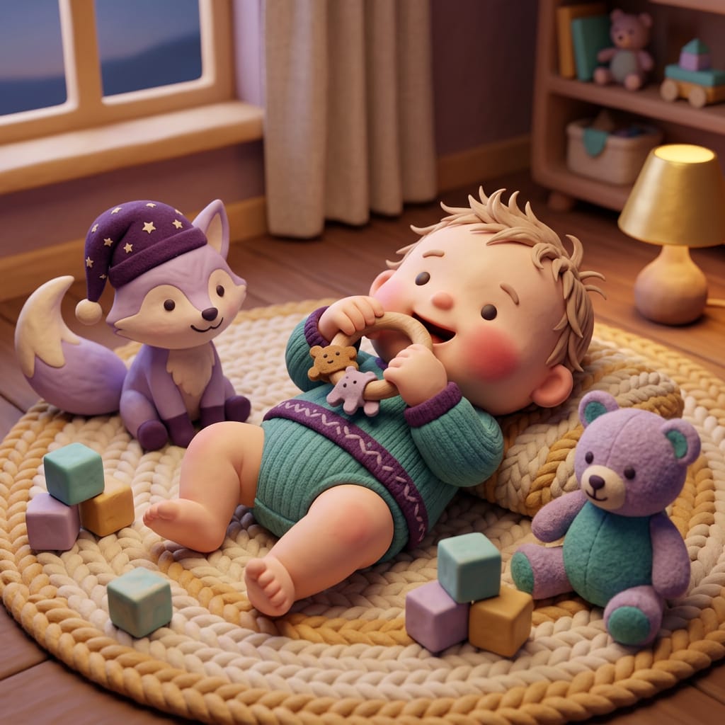 A relieved parent watches their now-calm baby sleeping soundly, warm lamplight softly illuminating the peaceful purple nursery.