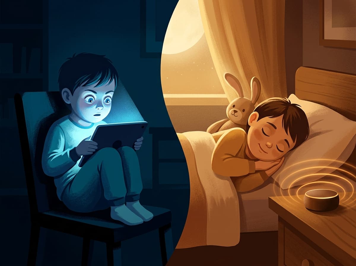 Split illustration showing a child awake in blue screen light on one side and the same child peacefully sleeping in warm moonlight on the other side