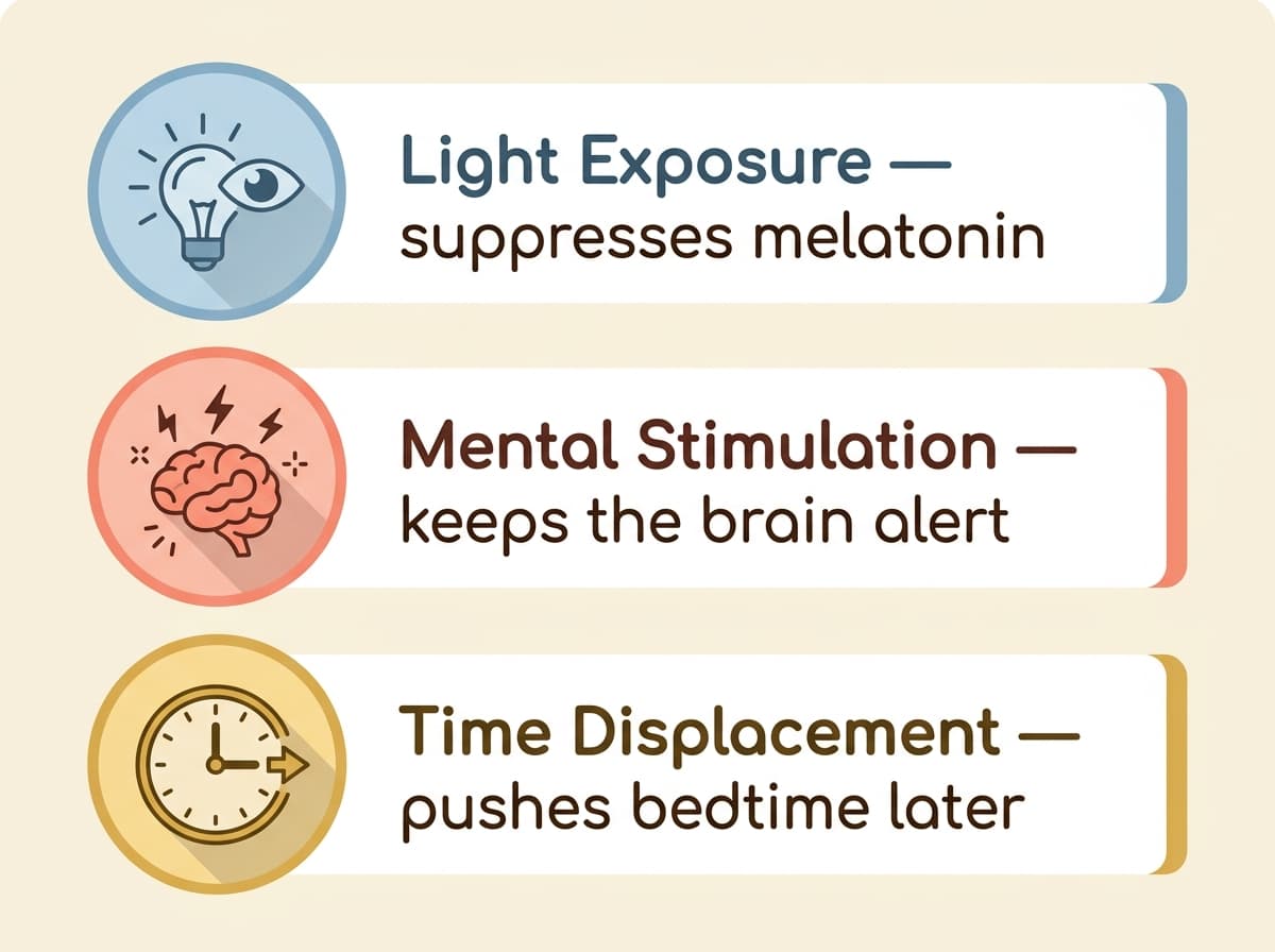 Simple infographic showing three icons representing the three ways screens disrupt children's sleep: a lightbulb for light exposure, a brain with lightning bolts for mental stimulation, and a clock for time displacement