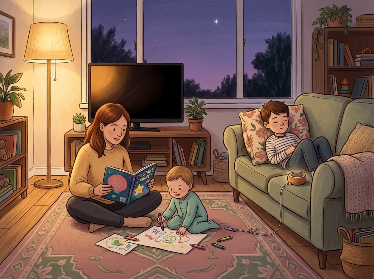 Warm illustration of a family doing screen-free bedtime activities together — parent reading a book, child drawing, soft lamp light, cozy living room scene