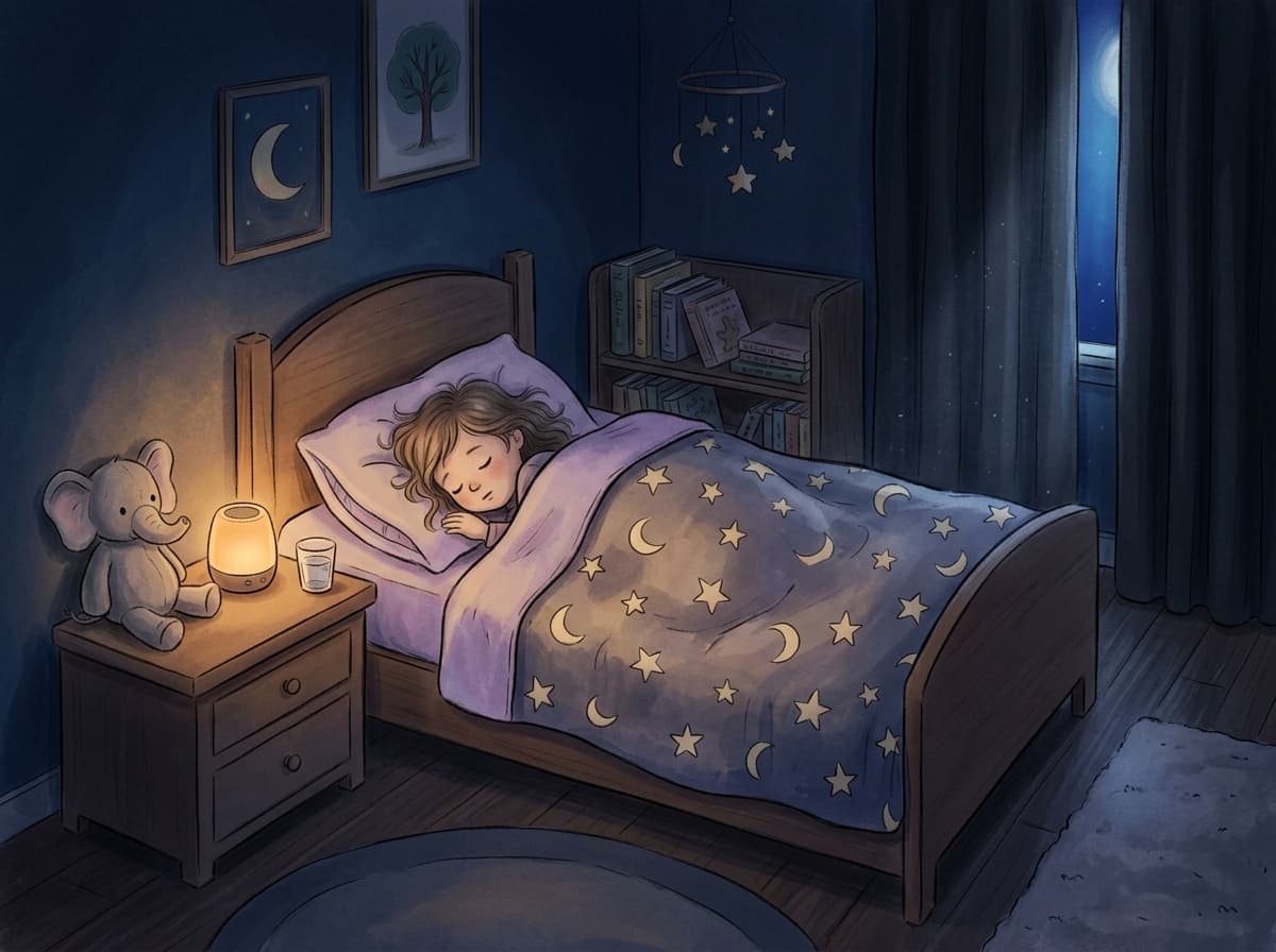 Peaceful nighttime illustration of a child's bedroom with screens turned off, a small speaker glowing softly on the nightstand, and a child sleeping contentedly under a starry blanket