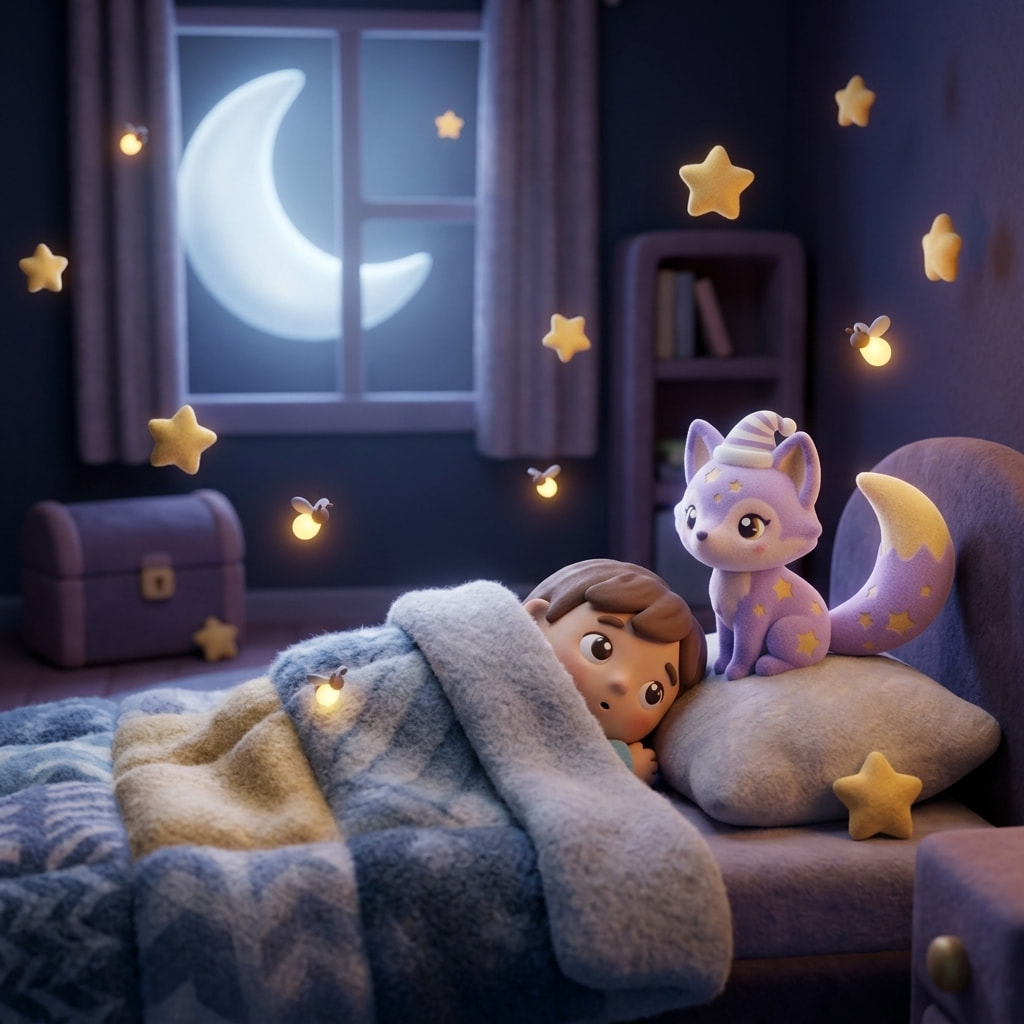 A child peeking out from under a soft duvet in a moonlit bedroom with a warm amber night light glowing
