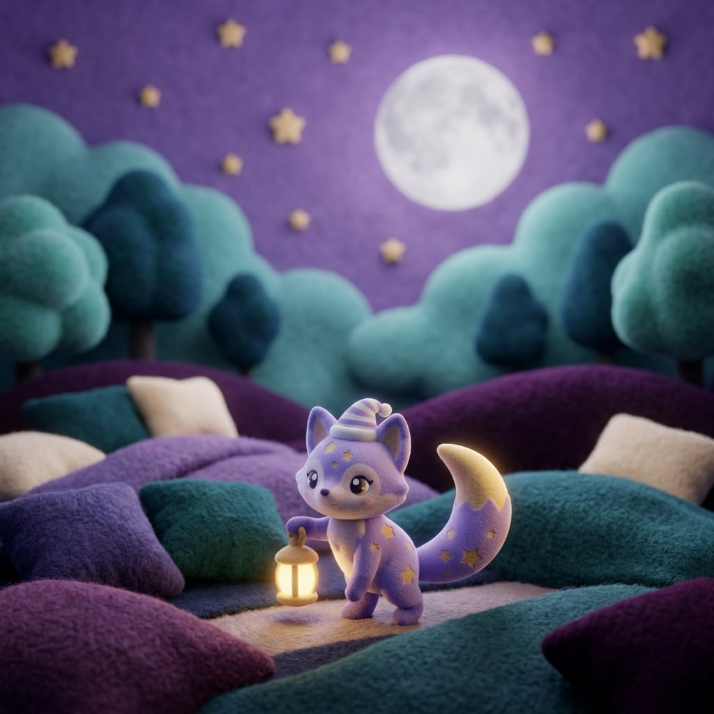 A soft pastel timeline-style illustration showing a child growing from toddler to second-grader with a small night light glowing beside them