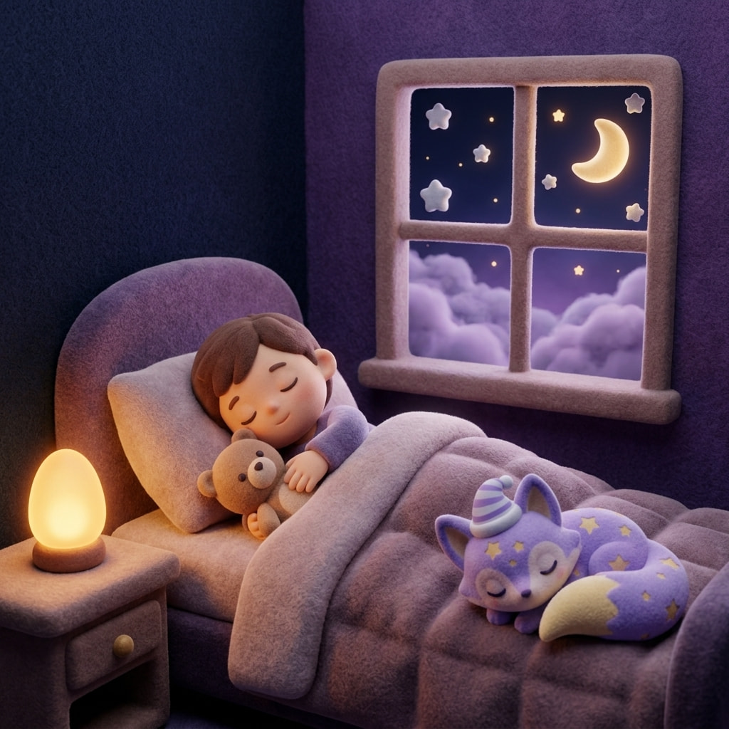 A warm scene of a parent gently tucking in a smiling child clutching a stuffed bear, soft lamp light spilling across the bed