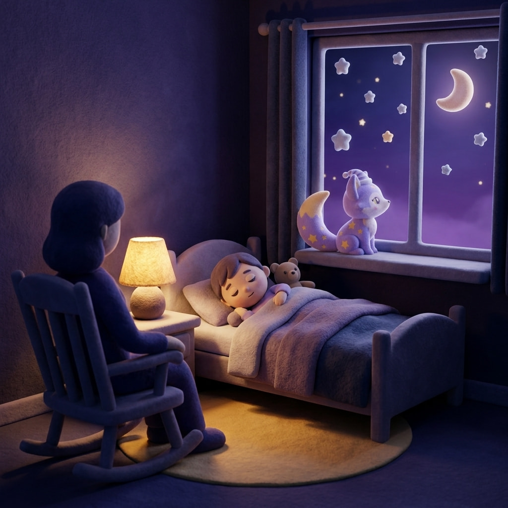 A peaceful child sleeping deeply under a starry blanket with a soft amber glow, calm and at rest