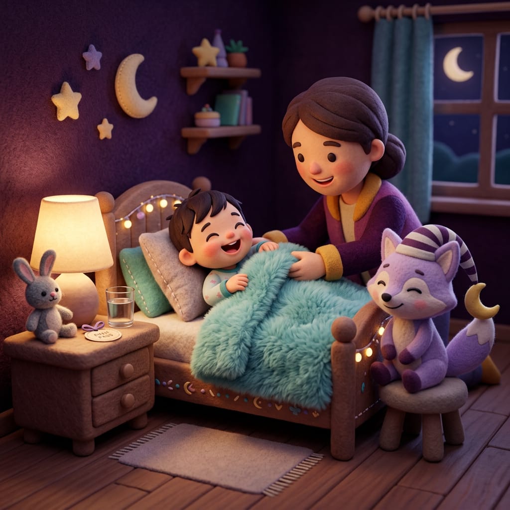 Un niño pequeño está tranquilo en la cama escuchando una suave luz nocturna, con un pequeño zorro de peluche acurrucado a su lado en un cuarto morado acogedor