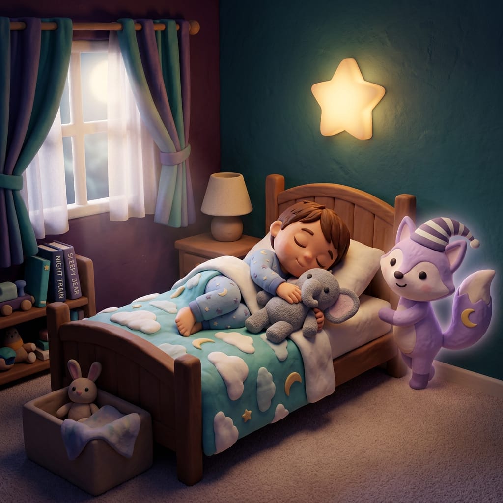 Un padre arropa a un niño sonriente en la cama para pasar la noche, con una luz nocturna brillando suavemente en la esquina de un dormitorio cálido estilo plastilina