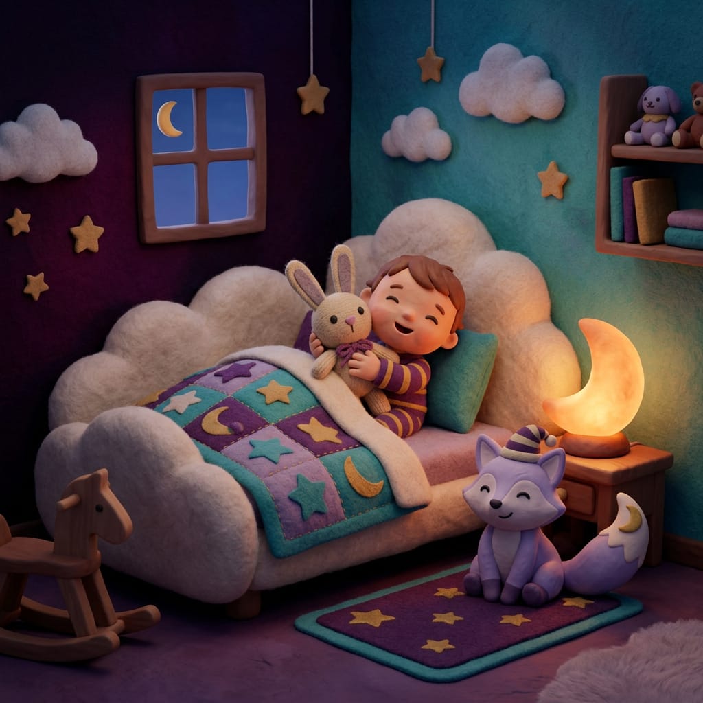 A tired parent learning how to stop co-sleeping tucks their toddler into a cozy purple bedroom, the first gentle step toward a full night's sleep.