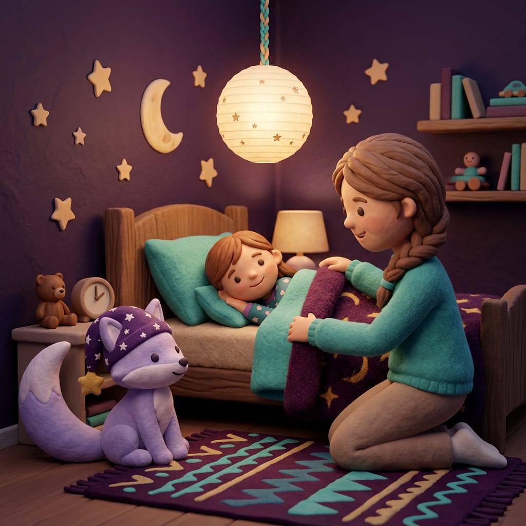 A toddler sits in a small cozy bed hugging a plush fox toy, warm lamplight glowing beside a starry window in a soft clay-style bedroom.