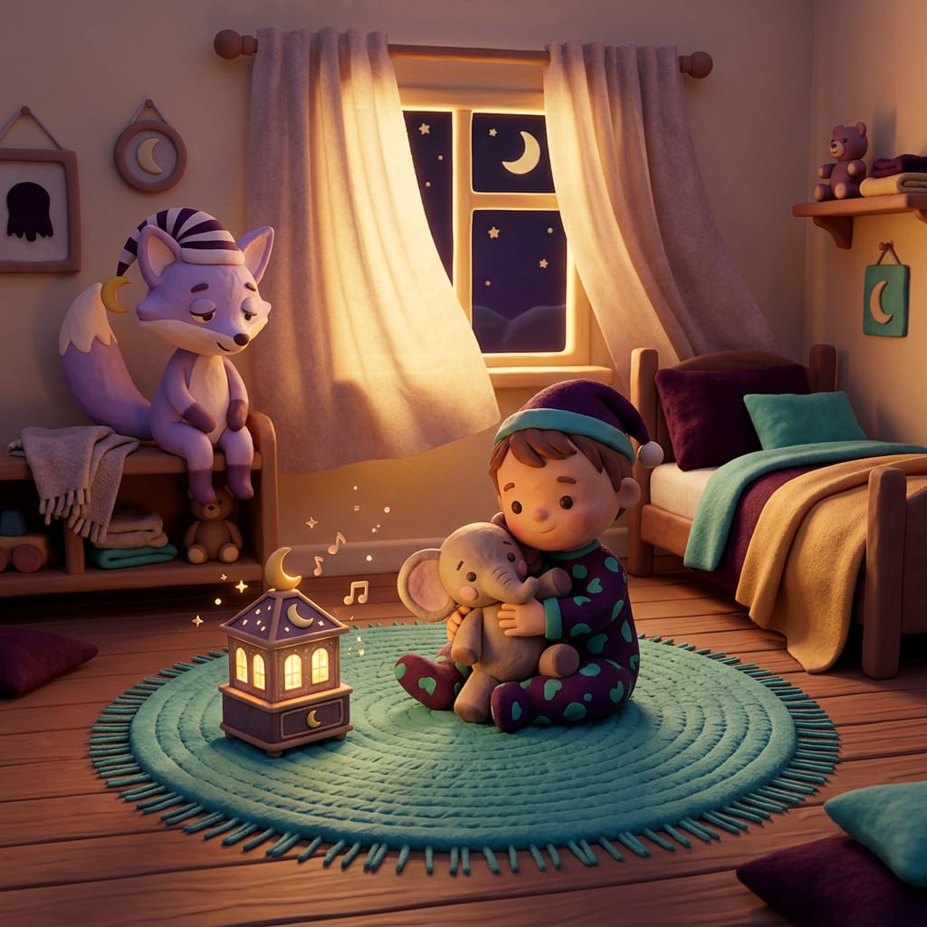 A parent sits in a chair beside a toddler's bed in a dim, cozy bedroom, softly glowing stars painted on the wall above the headboard.