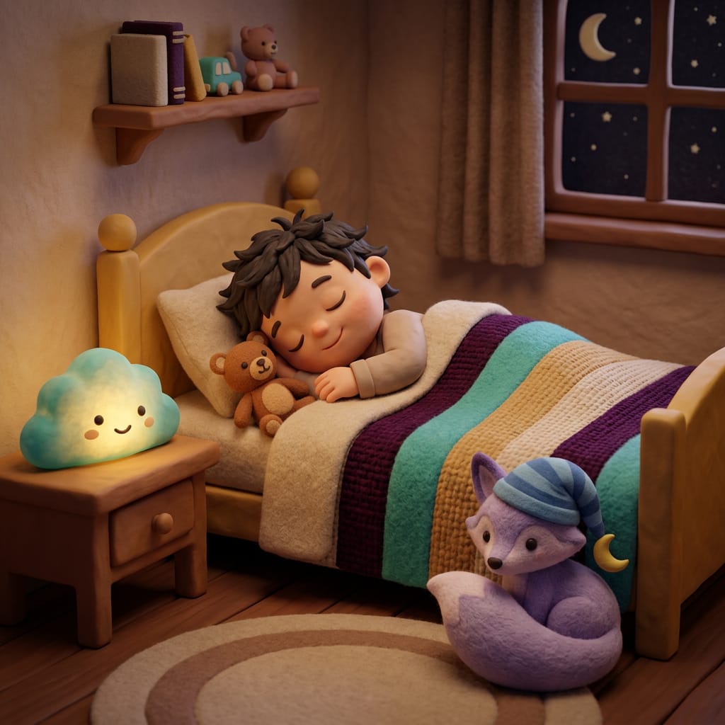A parent and toddler share a calm goodnight hug beside a small bed, a warm nightlight glowing softly in the corner of the room.