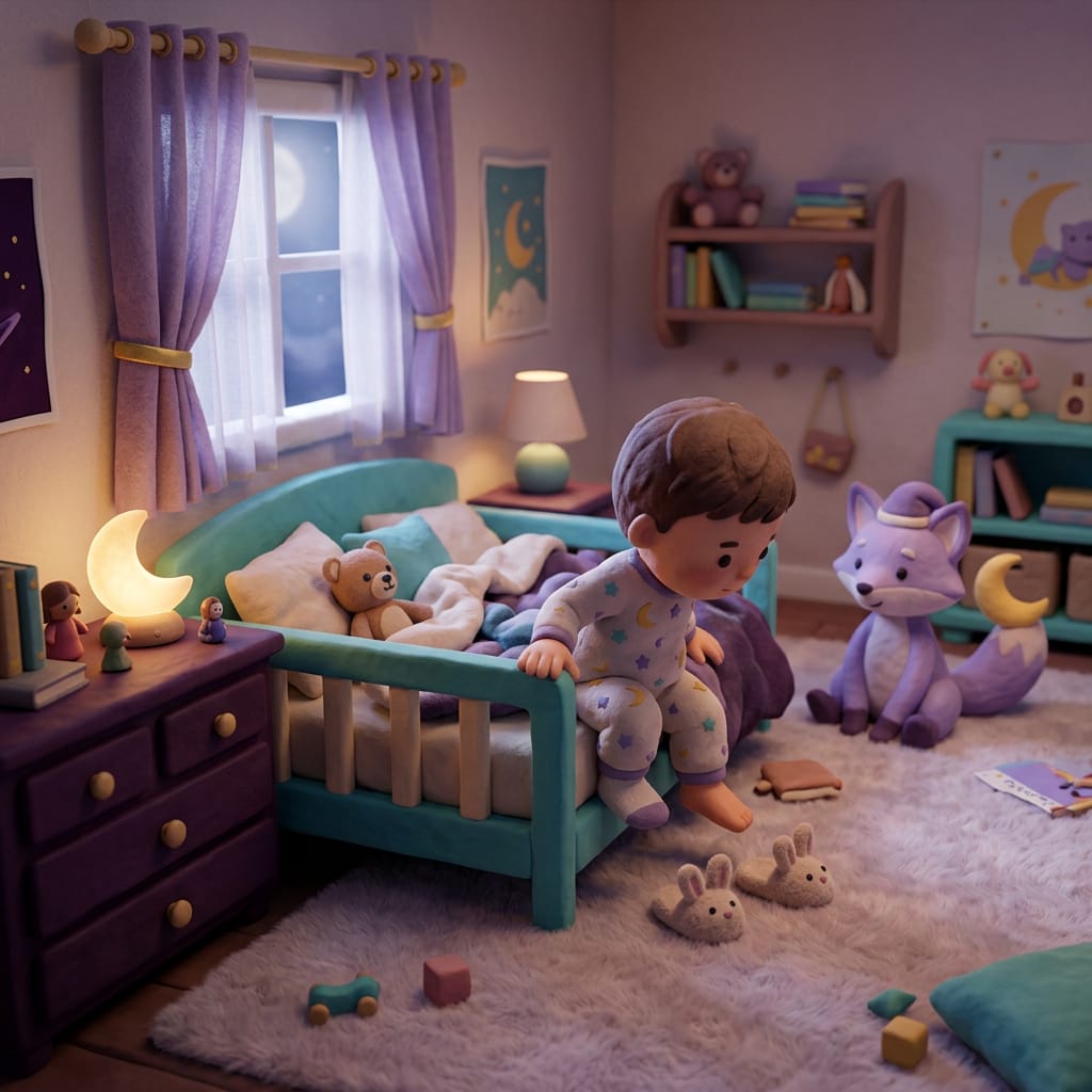 A toddler completes the crib to toddler bed transition, climbing happily into a new bed in a cozy purple bedroom with soft lamplight.