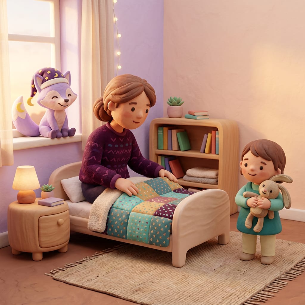 A parent anchors a dresser to the bedroom wall for safety while a toddler watches happily from a new bed nearby.