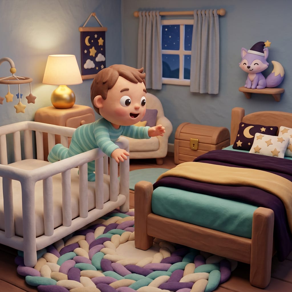 A toddler sits up in a new bed at night, reaching toward a soft nightlight glowing warmly beside a starry window.