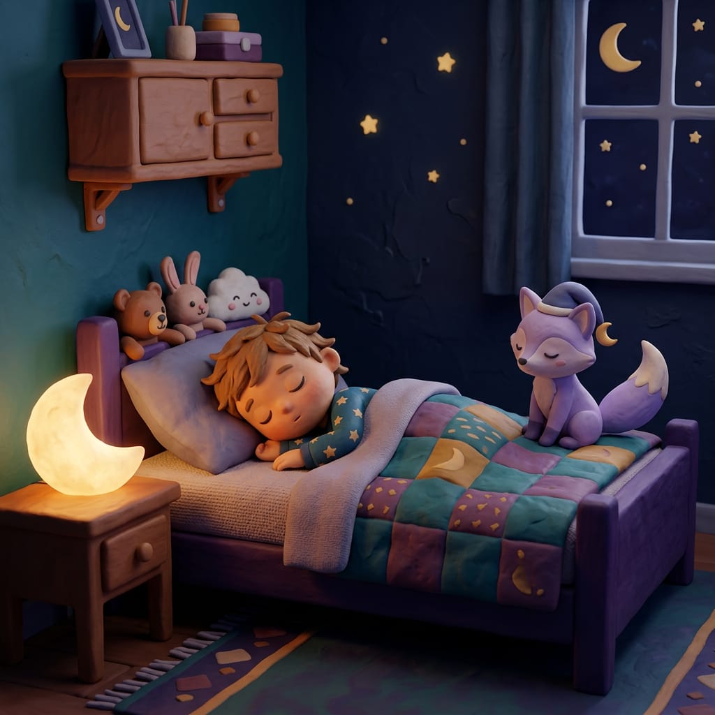 A cozy low floor bed sits in a softly lit toddler bedroom, a plush lavender fox toy tucked beneath a warm blanket.