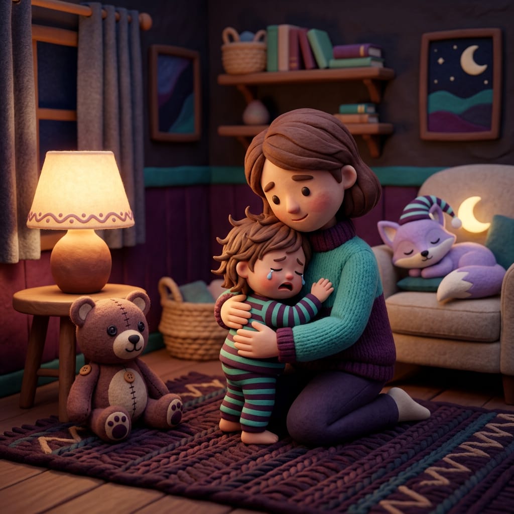 A tired toddler is gently soothed by a calm parent in a softly lit bedroom illustrating how to calm an overstimulated toddler tonight.