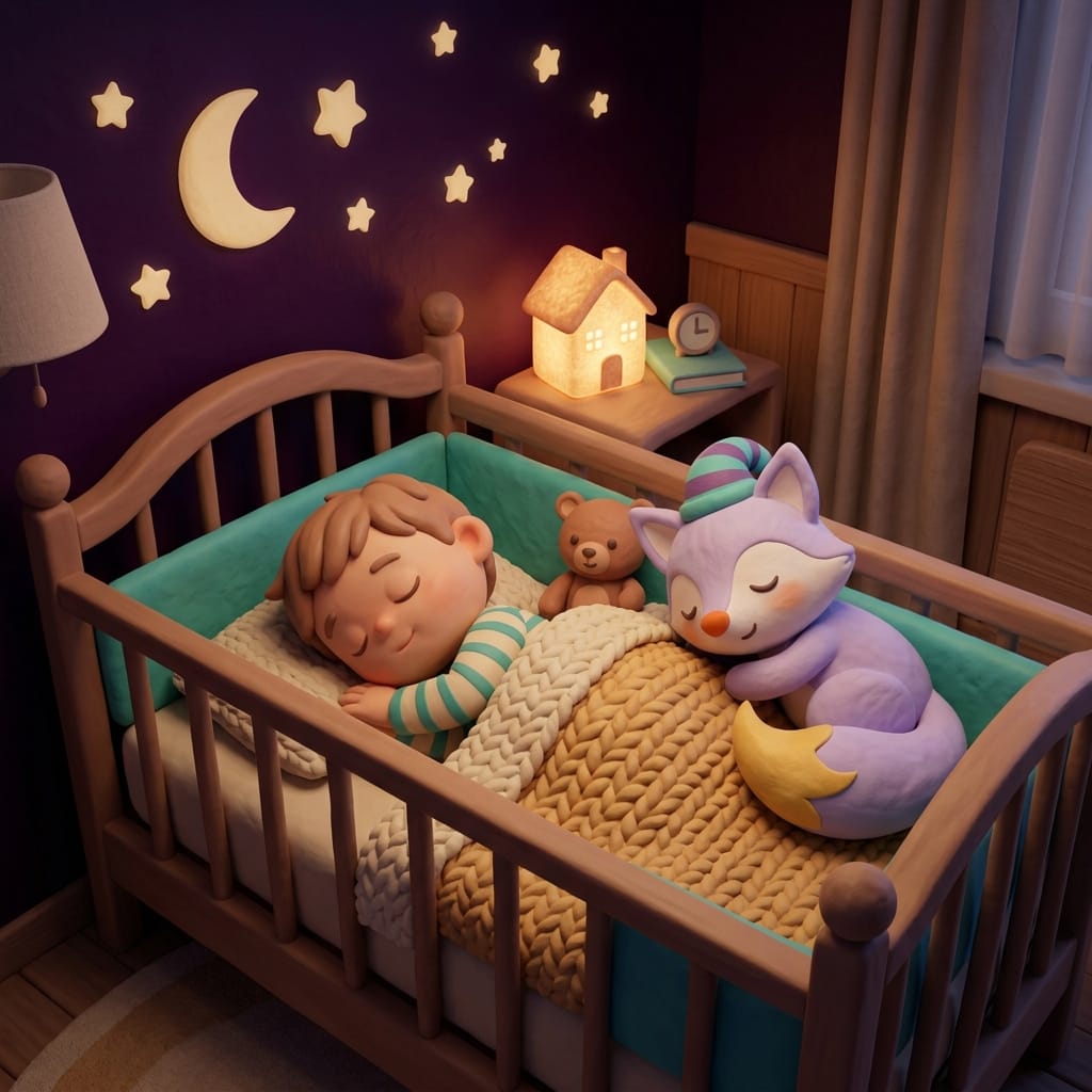 Un padre sentado tranquilamente en una silla junto a la cuna por la noche, usando un método de entrenamiento de sueño suave para ayudar a su bebé a dormirse