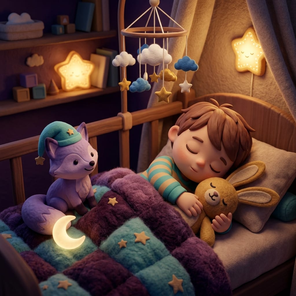 Una habitación infantil tranquila de noche con una cuna, una lamparita suave y una silla colocada cerca para una rutina de entrenamiento de sueño suave