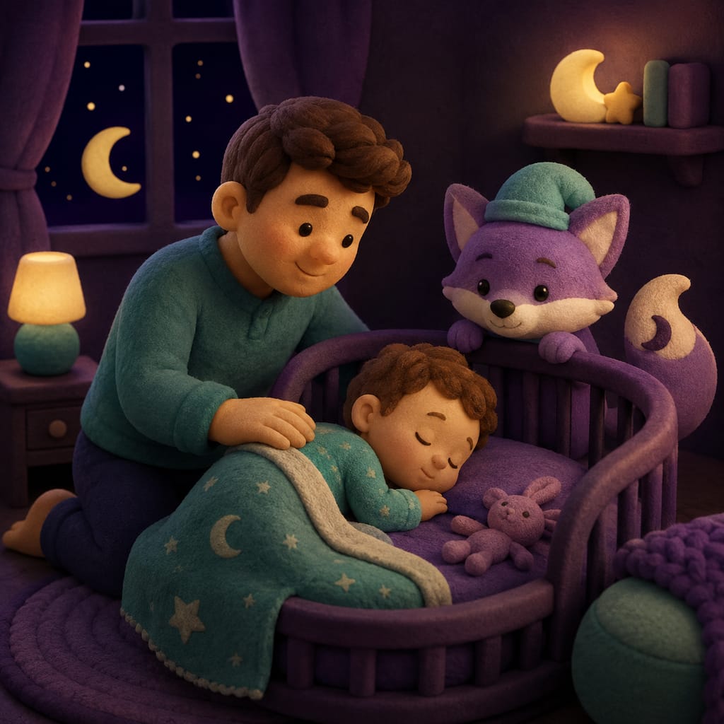 Un padre mece con suavidad a un bebé inquieto en una habitación tenue y acogedora, comenzando con calma una rutina de entrenamiento de sueño suave antes de dormir