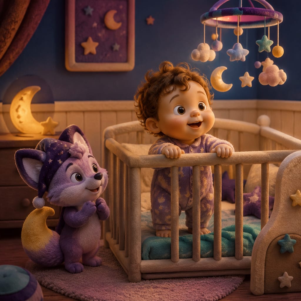 Escena estilo plastilina de un padre siguiendo un horario de sueño tranquilo para su bebé de 12 meses, mientras el pequeño que recién aprendió a caminar se acomoda en la cuna para la siesta de la tarde