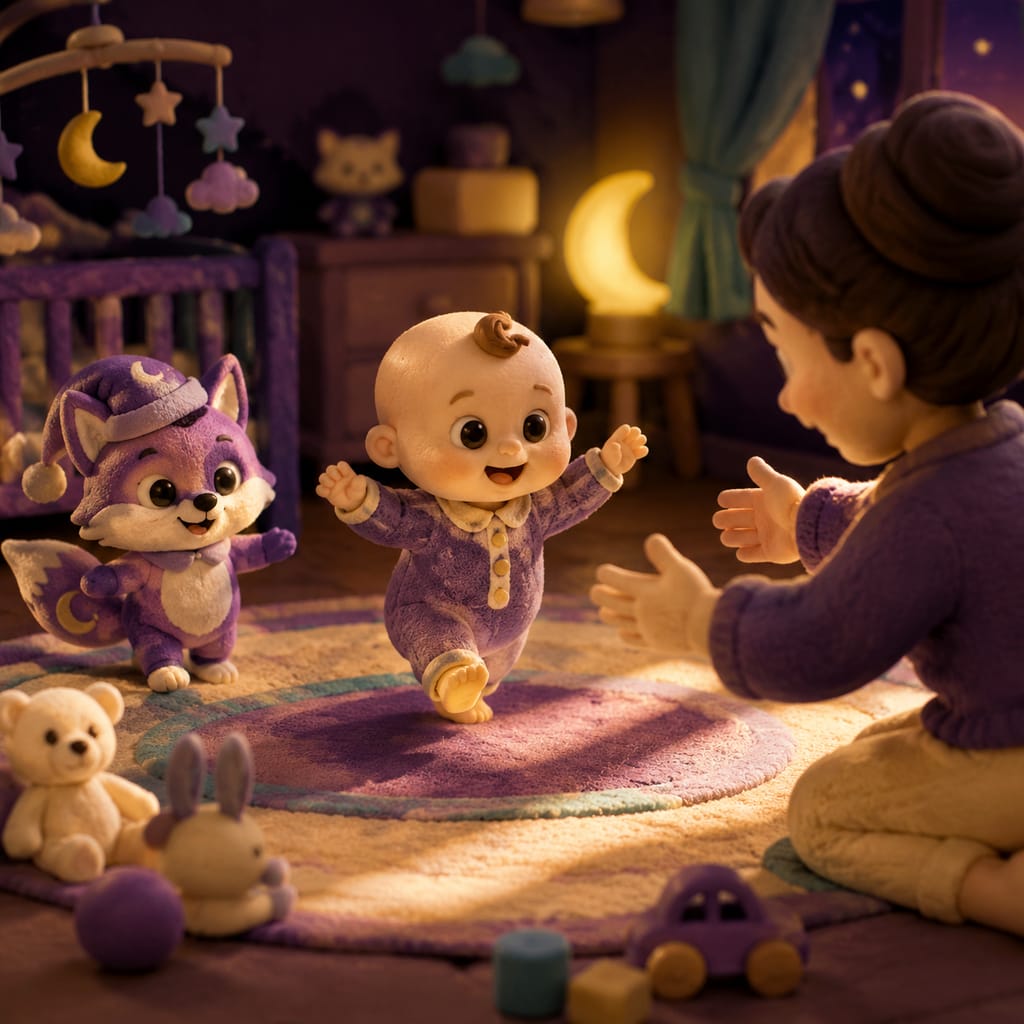 Escena estilo plastilina de un niño de un año que se pone de pie apoyado en un estante bajo, en una sala de juegos soleada, mostrando la nueva movilidad típica de los 12 meses