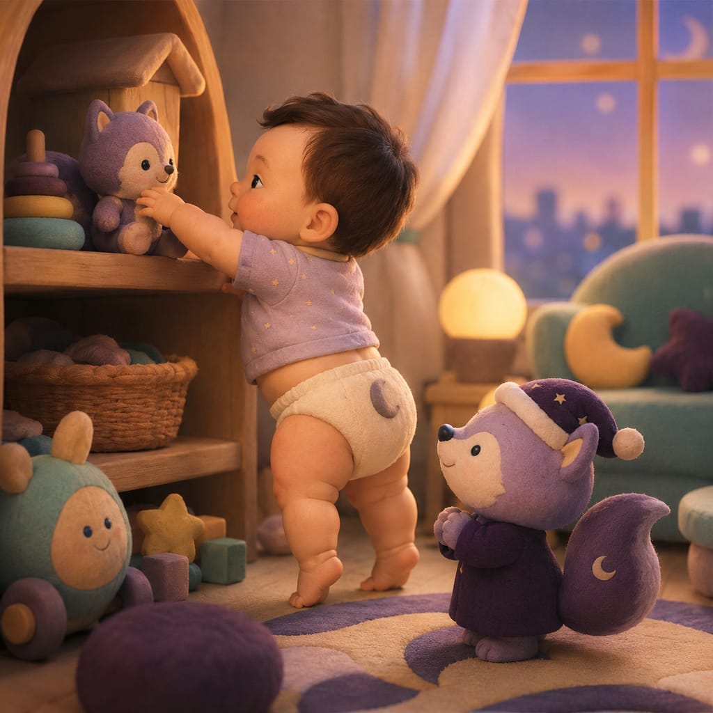Escena estilo plastilina de un niño de un año comiendo comida sólida en su silla alta, parte de la rutina diurna que da forma al horario de sueño de los 12 meses