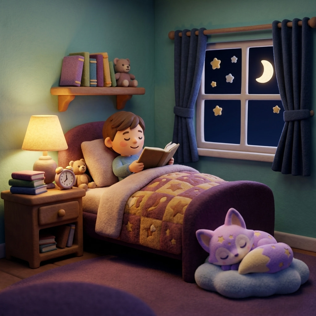A cozy bedroom scene with a parent gently reading a story to a sleepy school-age child tucked into bed, warm lamplight