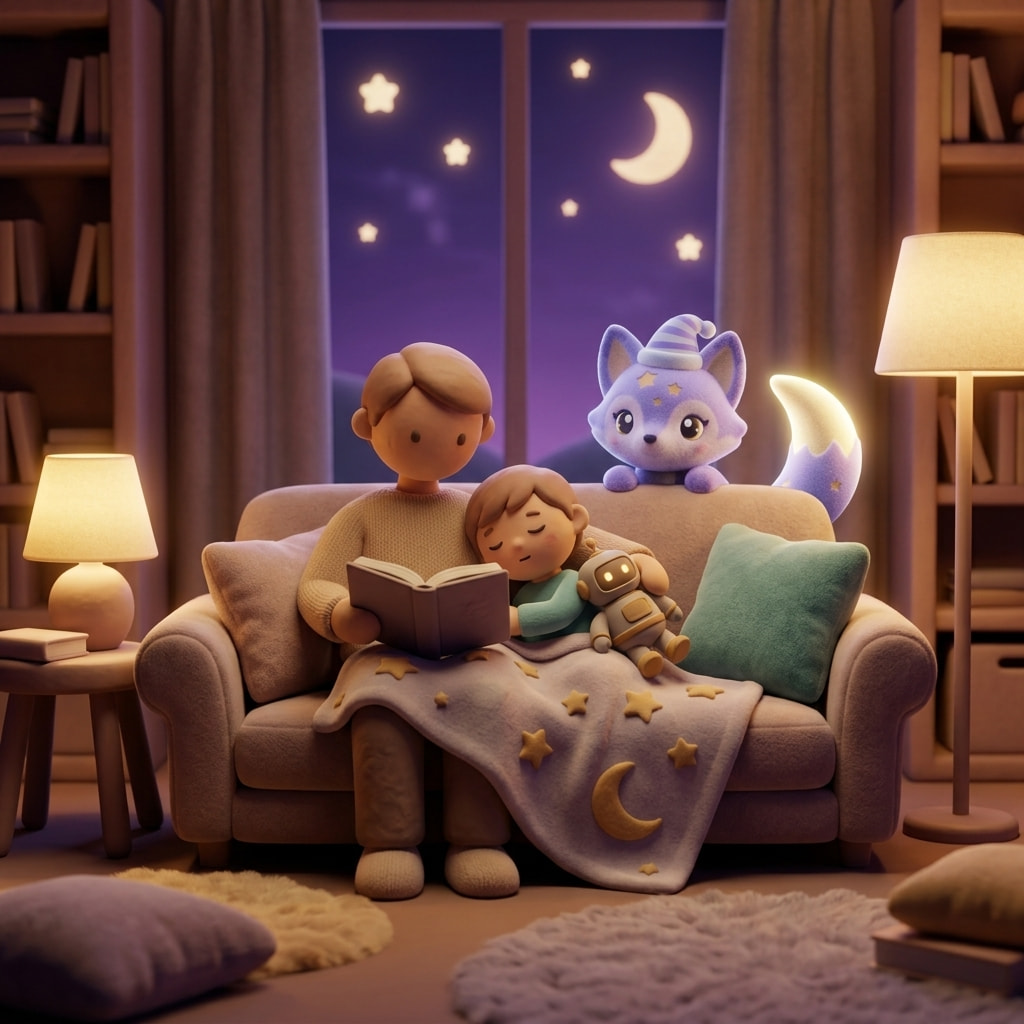 A child sleeping deeply in a dim, cozy bedroom with blackout curtains, a soft amber night light, and a stuffed animal nearby
