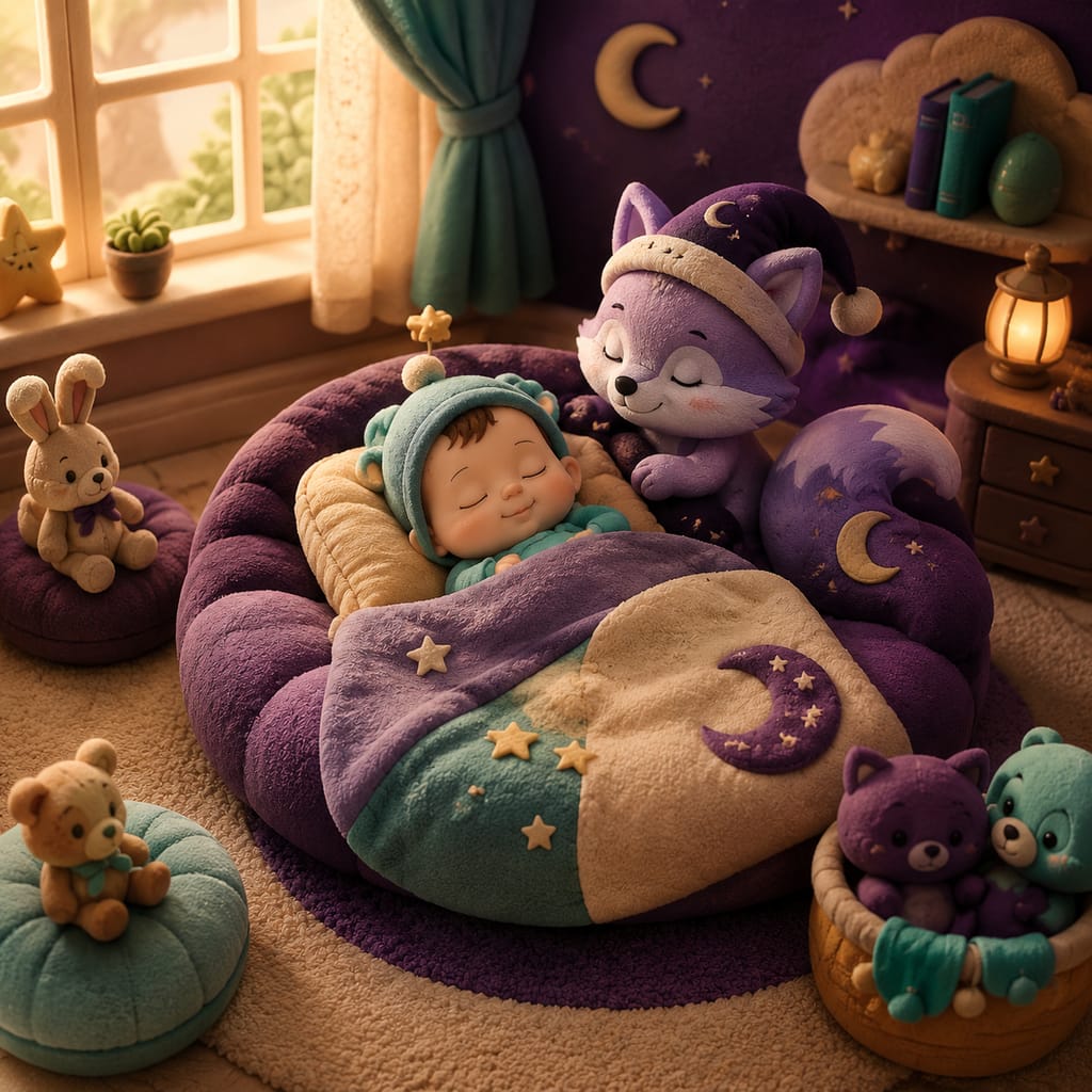 A lavender fox character sits beside a calm sleeping baby, a small lantern glowing warm gold against the deep purple night sky.