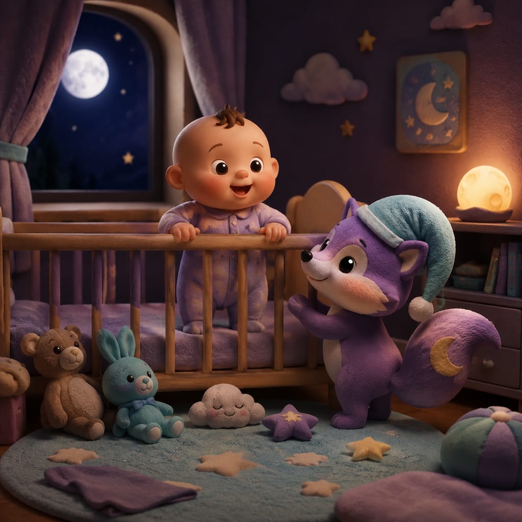 A parent gently comforts a standing eight-month-old at the crib rail during the 8 month sleep regression, dim lamp glowing behind them.