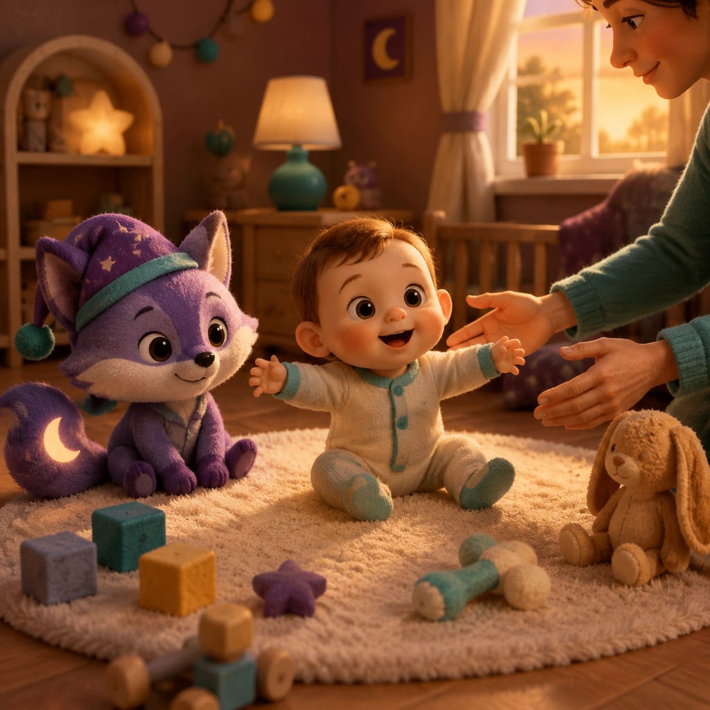 A baby pulls up to stand at the crib rail in the dark, wide-eyed and alert during a late-night sleep regression wake-up.