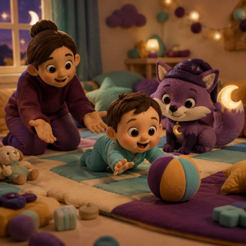 A parent peeks through a cracked nursery door, watching an eight-month-old settle after a moment of separation anxiety at bedtime.
