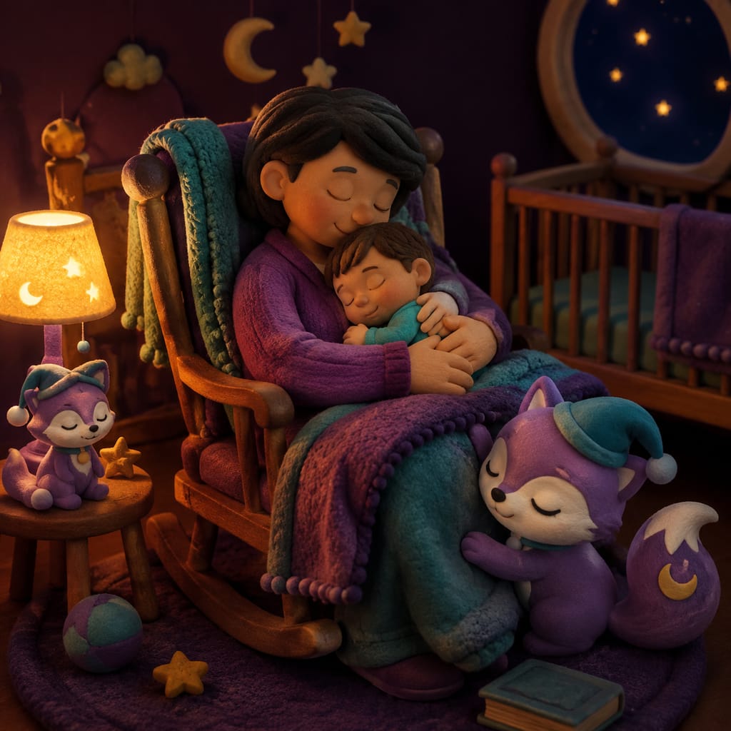 A lavender fox character sits beside a calm sleeping baby, warm gold lantern light glowing softly against the deep purple night.
