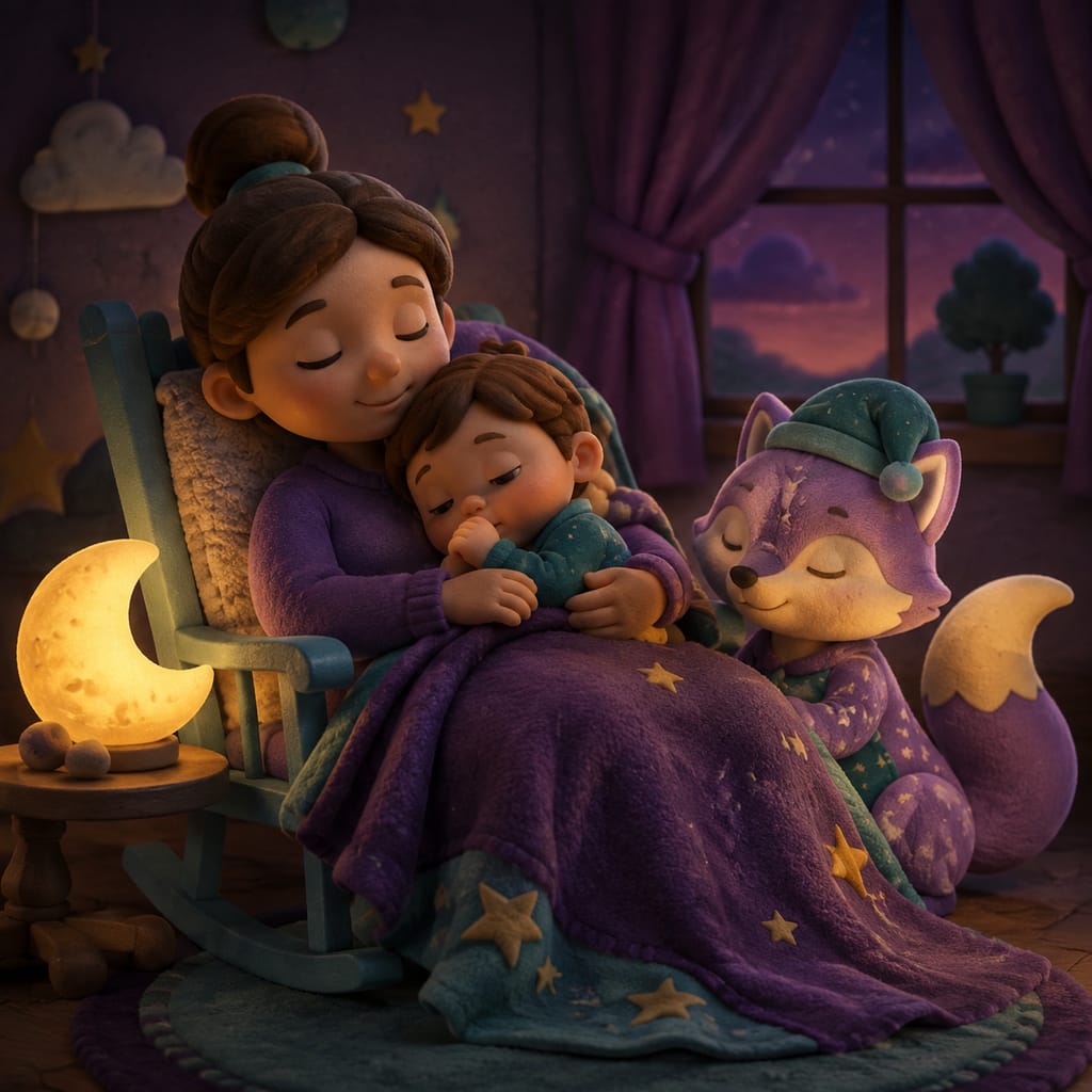 Un niño pequeño tranquilo por fin se duerme bajo una manta suave, con un zorro de peluche lavanda cerca, después de una hora de dormir más temprana y tranquila