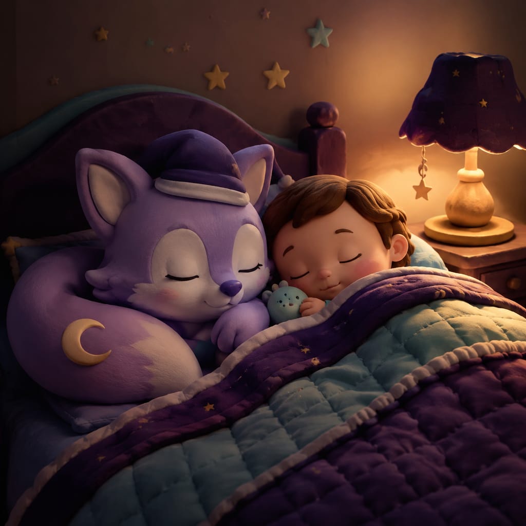 A delighted child sits up in bed listening to a story with my child's name, a lavender fox curled nearby in warm lamplight.
