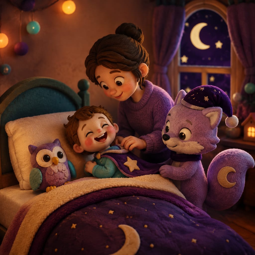 A toddler and lavender fox character nestle together in bed as a parent reads a personalized story aloud under a soft glowing lamp.