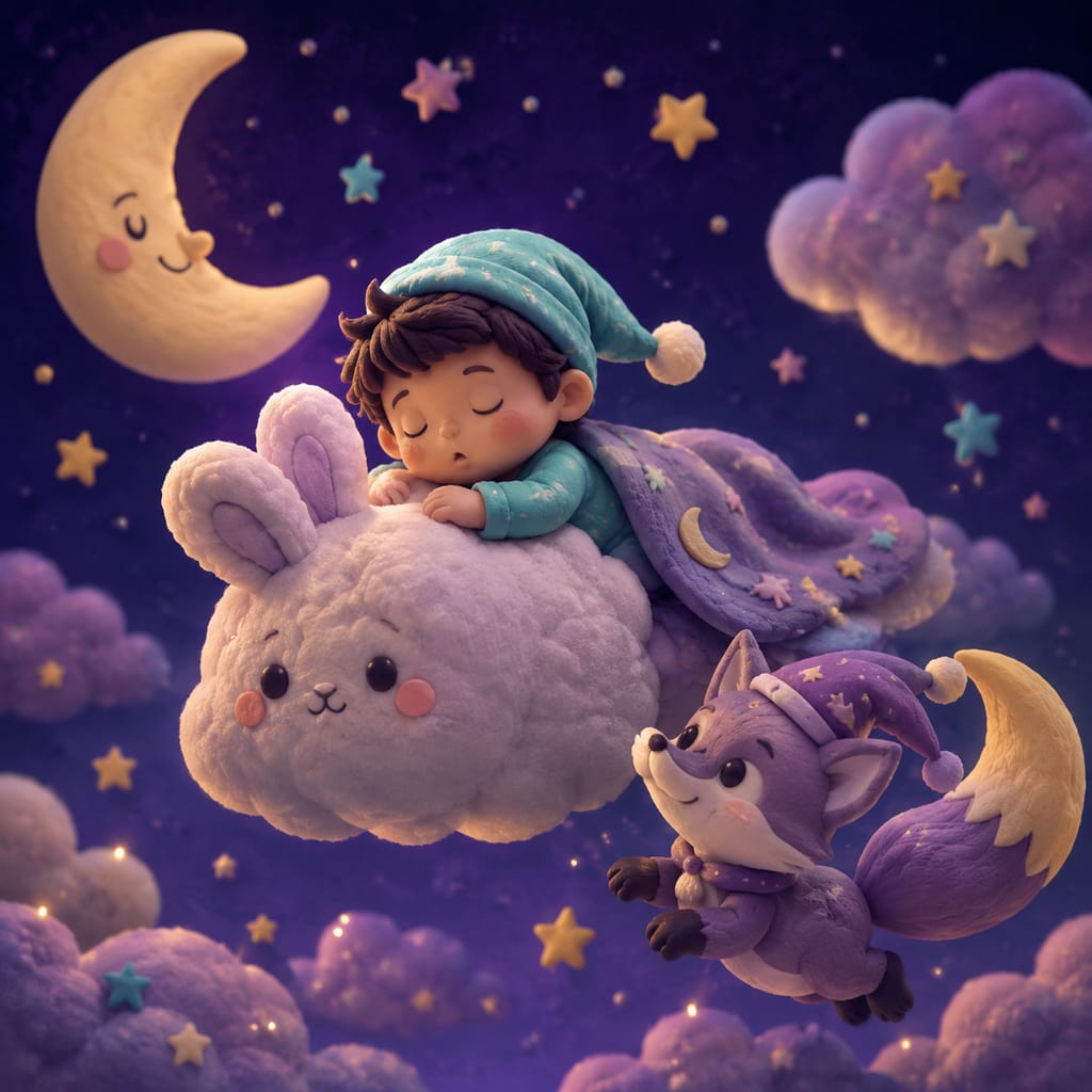 A content child drifts toward sleep, hugging a plush toy, after hearing their own name woven gently into a calming bedtime story.