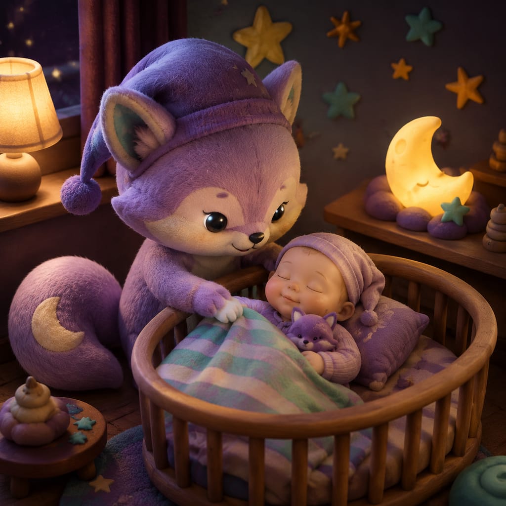 Un bebé de 6 meses duerme apaciblemente en su cuna bajo una luz cálida, siguiendo su horario de sueño bebé 6 meses, con un zorro lavanda de peluche vigilando cerca