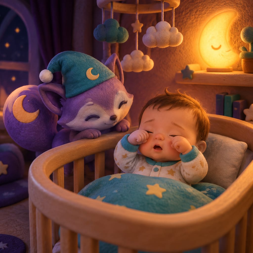 Un bebé de 4 meses despierto y frotándose los ojos en su cuna a medianoche, con una lámpara cálida iluminando la habitación durante la regresión del sueño 4 meses.