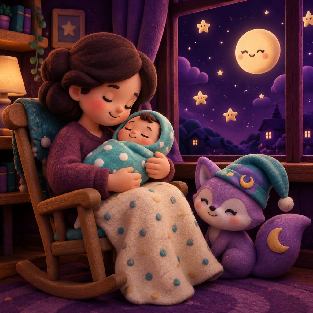 Una madre sostiene a su bebé de 4 meses despierto en brazos durante la noche, mirando por la ventana hacia un cielo púrpura con estrellas suaves.