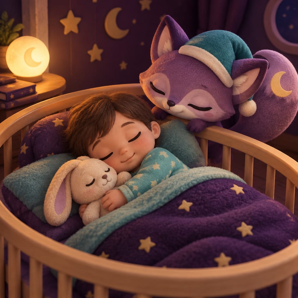 Un bebé dormido en su cuna ilustrando cómo lograr que el bebé duerma toda la noche, con una lámpara cálida encendida mientras el padre observa desde la puerta con alivio.