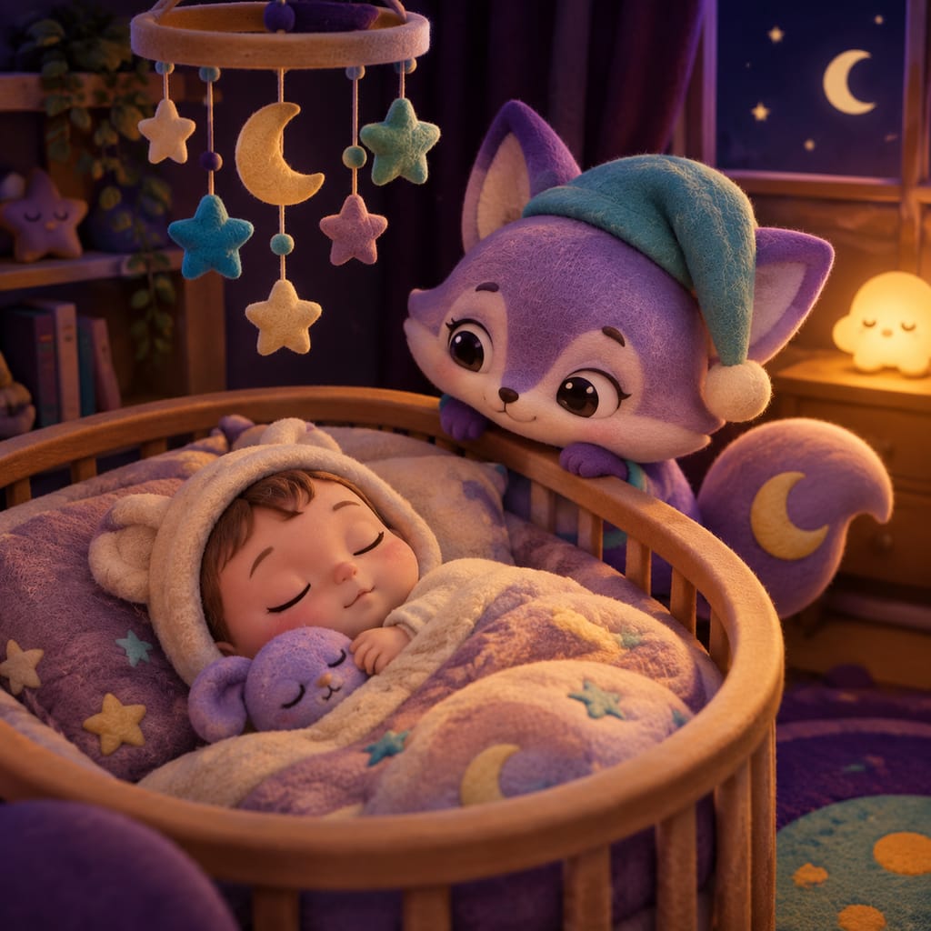 A parent kneels beside a crib in a dim nursery, one hand resting gently on the rail, comforting a baby during the Ferber method at bedtime.